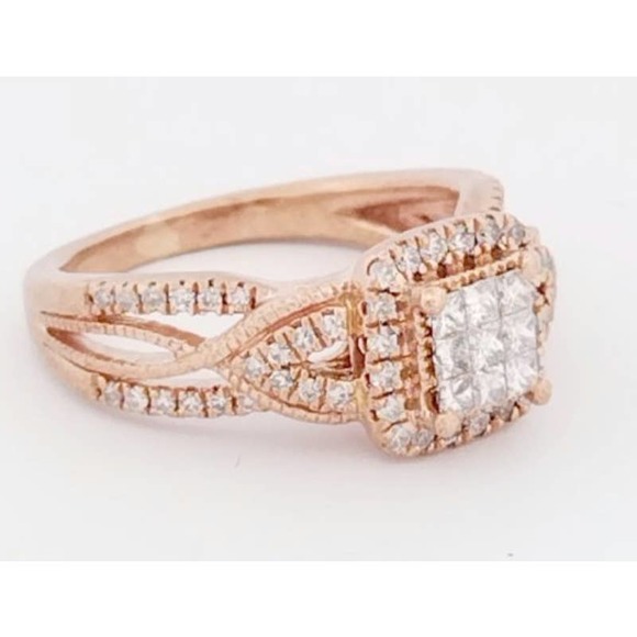 Diamond Engagement Ring Princess & Round 10K Rose Gold - Size 4,5,6,7 - Picture 1 of 12